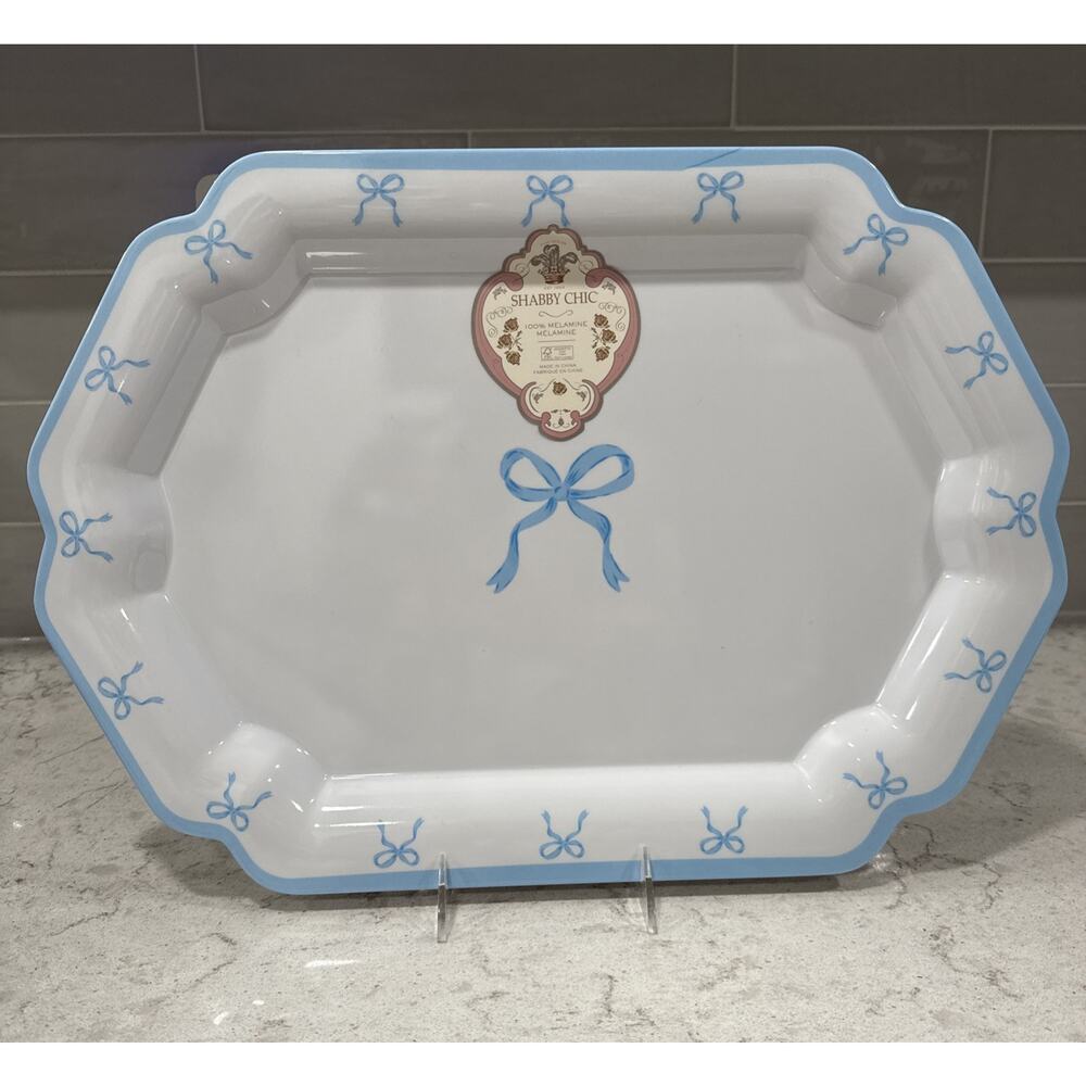 Blue Bow Coquette 18.5x13” Large Melamine Serving Tray Platter Shabby Chic Baby
